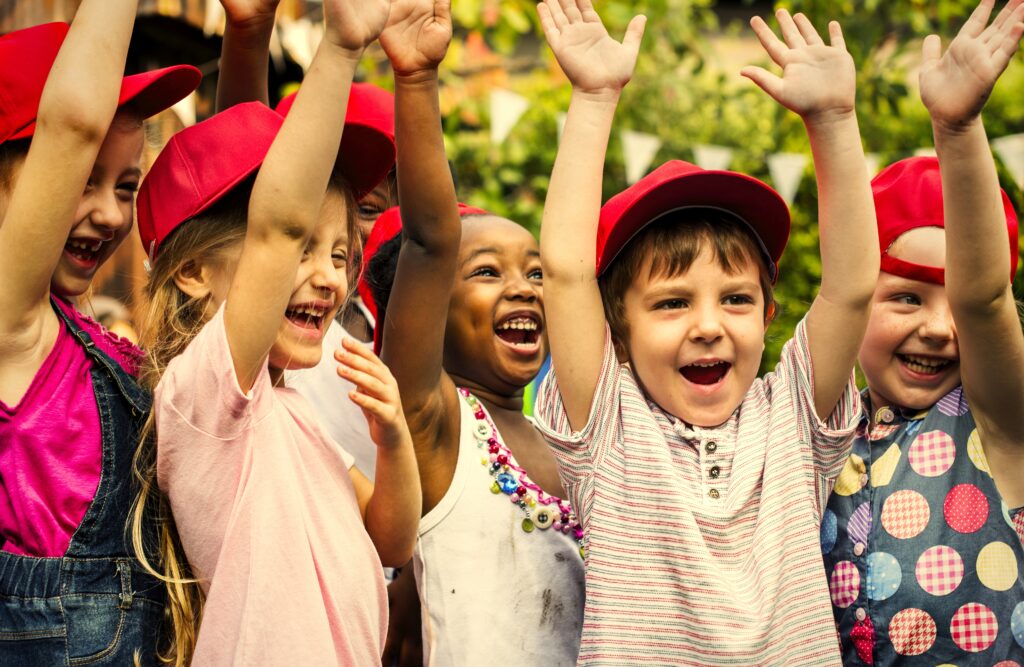 Group of kids school friends hand raised happiness smiling learn
